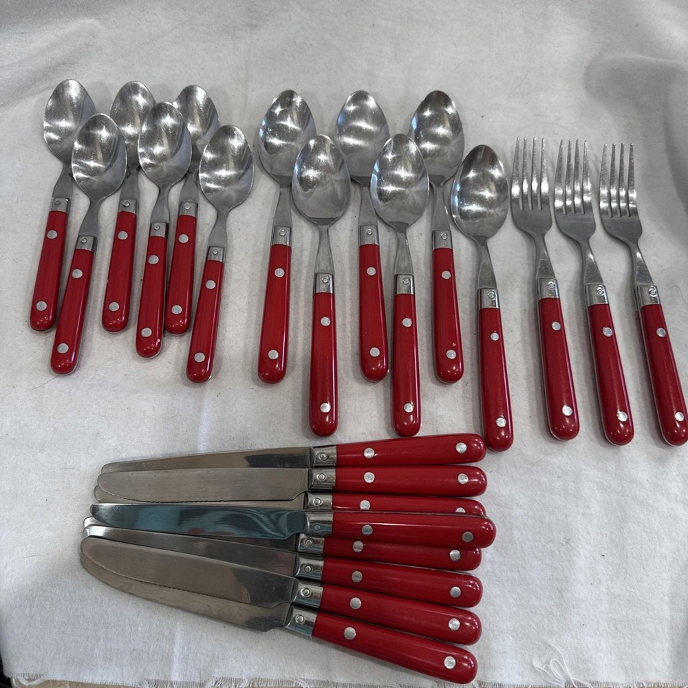 23 Lifetime Paris Splendour Stainless Flatware Spoon Fork Rivets Red Handle VTG
